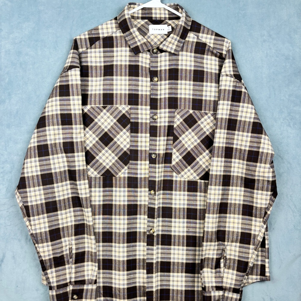 Topman Mens XL Plaid Button Down Shirt Brown Blue Long Sleeve Chest Pockets